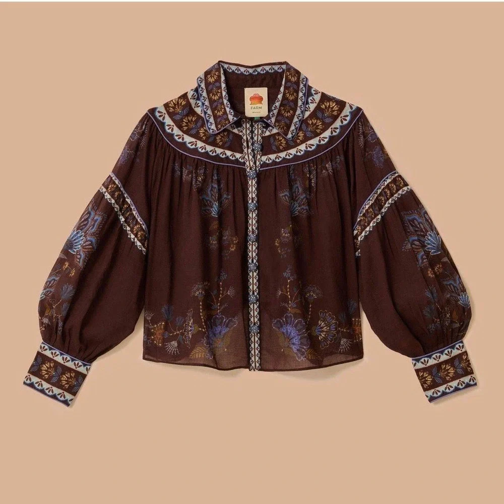 FARM Rio Brown Embroidered Garden Blouse – Size‎ XS – Brand New